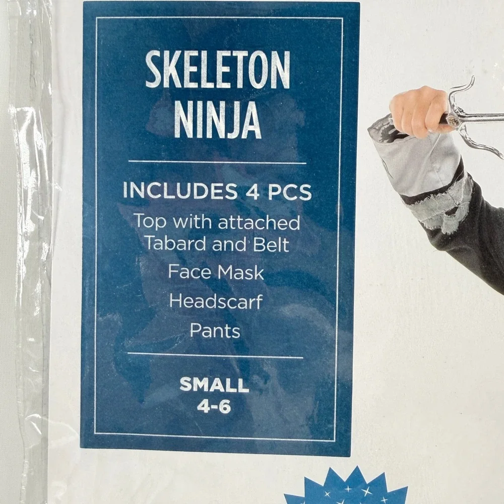 Skeleton Ninja Light Up Costume Kids Small 4-6 Top Pants Mask Scarf 4 Pc Set